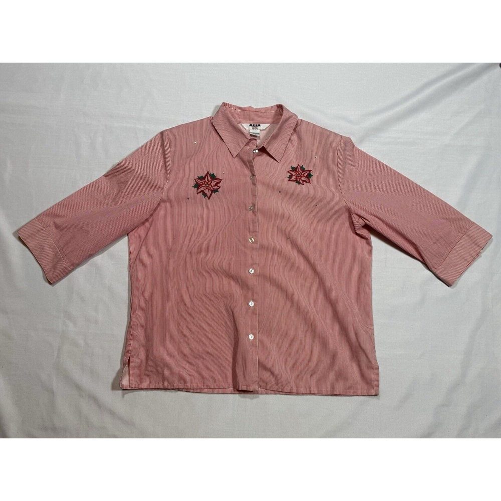 Women’s Christmas Alia Sport 3/4 Sleeve Red Stripe Shirt Sz 14 Petite Vintage